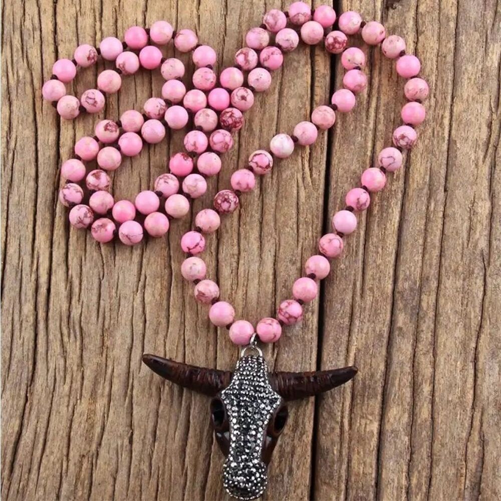 Pink Beaded Long Necklace with Bull Head Pendant